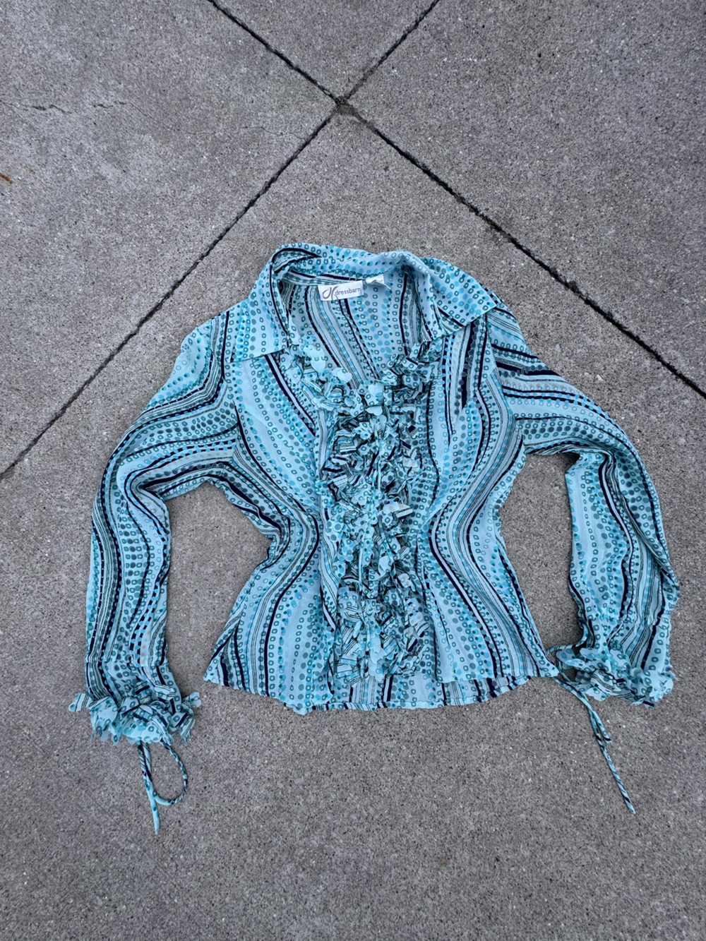 dressbarn Aqua Blue Patterned Ruffle Front Blouse